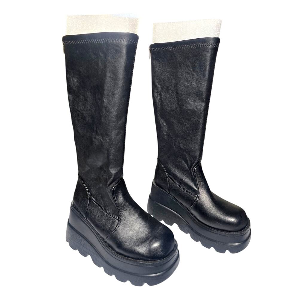 Black Knee High Platform Wedge Boots Chunky Lug Sole Back Zip Size 8.5